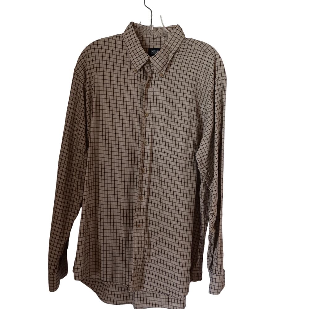 VTG Lands' End Men's 17.5 Button Down Shirt Tan Navy Windowpane 100% Cotton USA